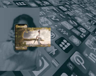 A lady holding a phone on a background with various social media icons