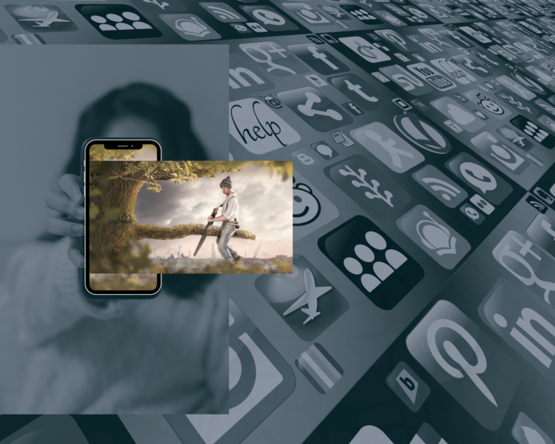 A lady holding a phone on a background with various social media icons