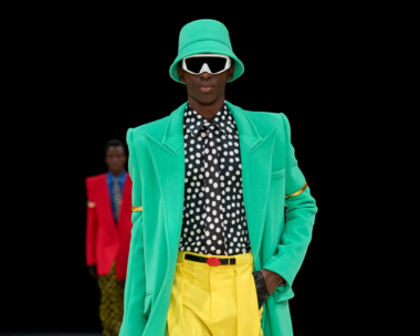 Close-up of the new Espion eyewear frame at the Balmain Men Fall 2024 fashion presentation