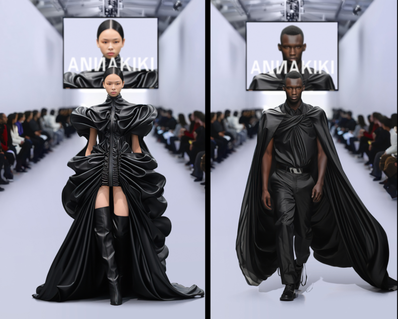 Futuristic fashion interpretation for ANNAKIKI Fall/Winter 2024-2025 inspired by the era of artificial intelligence
