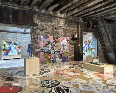 Eddie Martinez's Nomader artwork featured in the exhibition Hosted at La Fucina del Futuro, the San Marino Pavilion, curated by Alison M. Gingeras, showcasing dynamic and colourful pieces