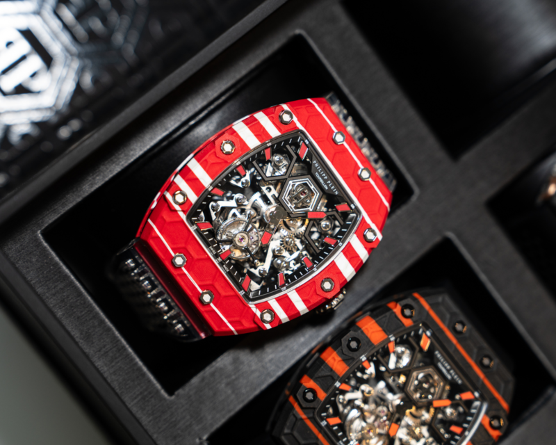 Close-up of Philipp Plein's innovative time machines showcased at the 2024 WATCHES AND WONDERS in Geneva