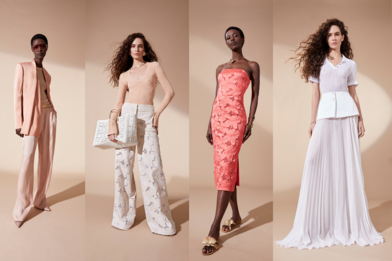 Close-up view of FEMINITÈ The new RESORT SS25 collection by GENNY highlighting intricate fabric details and vibrant colors
