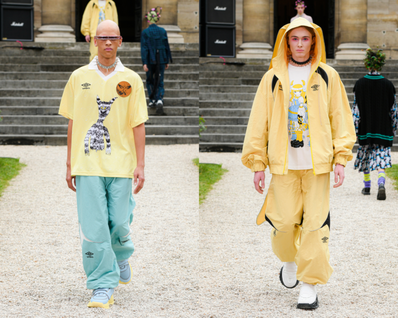 Models display edgy and eclectic fashion pieces from Kidill's SS25 collection, inspired by the band Ho99o9.