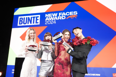 The newly crowned winners of the New Faces Award Style (from left to right) Estelle Adeline Trasoglu (Plaid-A-Porter), Marcella Duske (Upcycling Artist), Ana Kohler, and Felipe Pelaez © Markus Nass for Hubert Burda Media