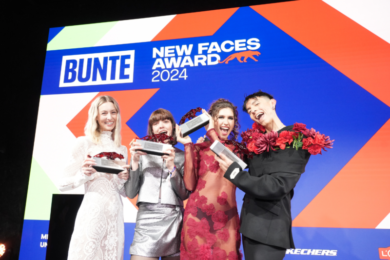 The newly crowned winners of the New Faces Award Style (from left to right) Estelle Adeline Trasoglu (Plaid-A-Porter), Marcella Duske (Upcycling Artist), Ana Kohler, and Felipe Pelaez © Markus Nass for Hubert Burda Media