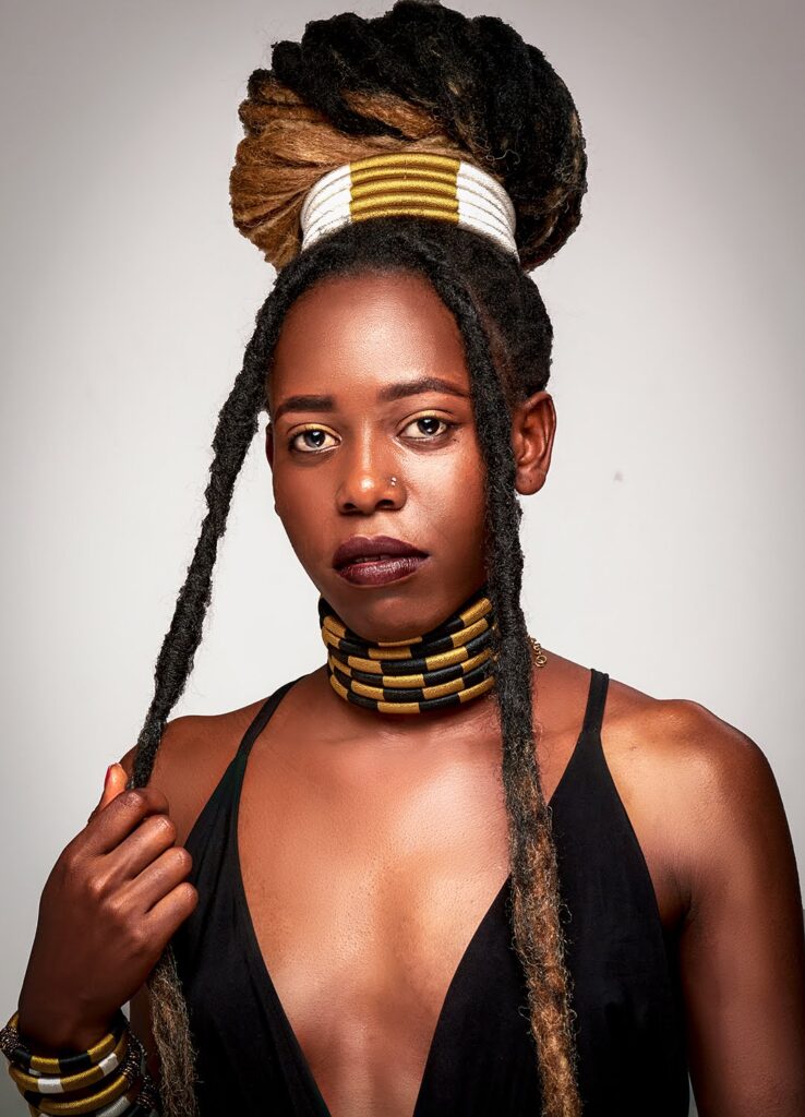 A portrait of Sharon Wendo, the founder of Epica Jewellery, promoting Maasai beads