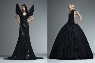 ANNAKIKI SS25 3D wave sleeves showcasing techno-naturalism. ANNAKIKI black silhouette gown with futuristic details