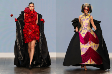 BUERLANGMA SS25 Capsule 5 runway presentation at London Fashion Week, featuring models in Rococo-inspired designs and cultural masks