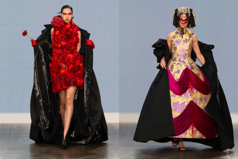 BUERLANGMA SS25 Capsule 5 runway presentation at London Fashion Week, featuring models in Rococo-inspired designs and cultural masks