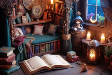 A beautifully crafted DIY book nook featuring a cozy reading space with miniatures and ambient lighting.