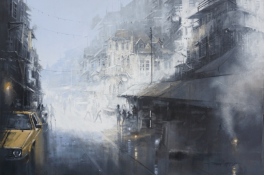 Damola Adepoju’s gold brushwork painting capturing Lagos street scenes.