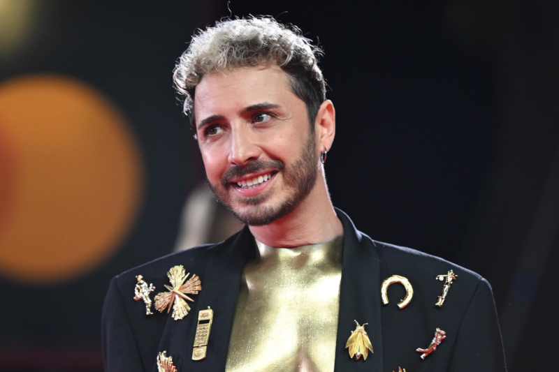 Osvaldo Supino in gold Vanni torso at Venice Film Festival 2024 red carpet