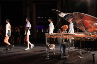 MAISON YOSHIKI PARIS Spring 2025 collection showcase featuring light fabrics and geometric designs at Palais de Chaillot during Paris Fashion Week