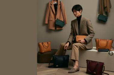 A stylish, well-dressed person surrounded by a variety of bag styles (such as crossbody, clutch, tote, and satchel), each matched to different outfits or settings.