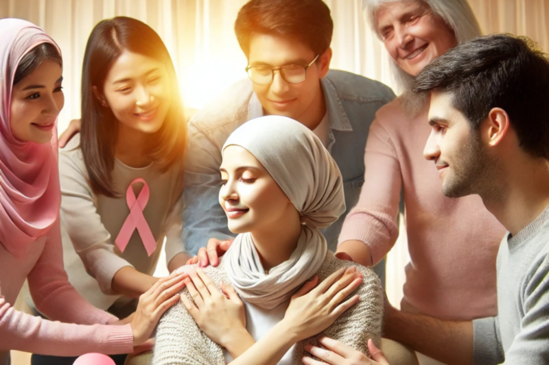 A group of women wearing pink ribbons in support of Breast Cancer Awareness