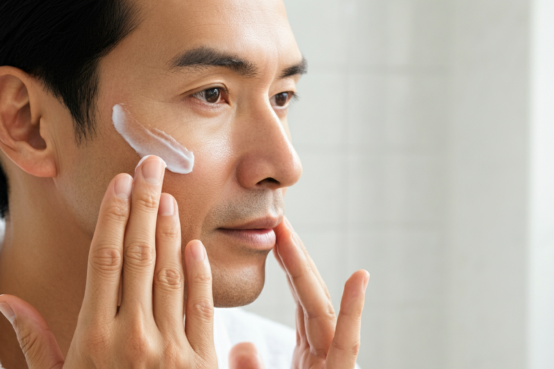 An image of a man applying anti-aging cream to his face, focusing on his hands and face. Show smooth skin texture with the cream being gently massaged in, reflecting a clean, modern, and rejuvenating atmosphere