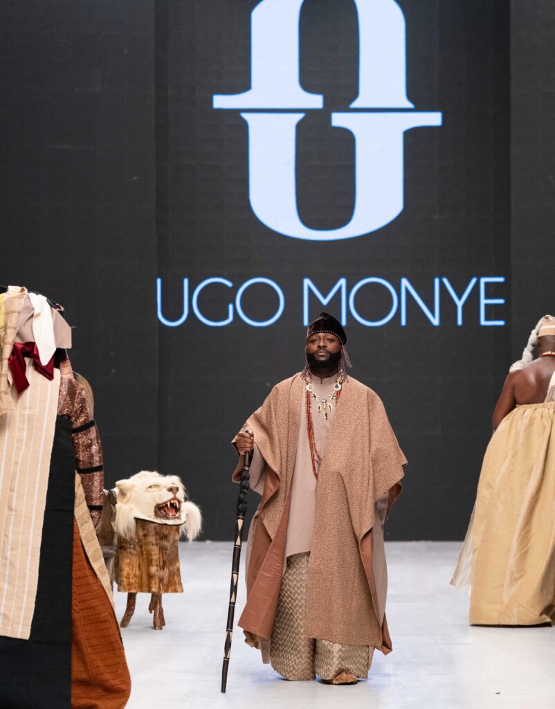 Davido on Lagos Fashion Week 2024 runway, showcasing Ugo Monye Nigerian designs with African textiles and vibrant street style.