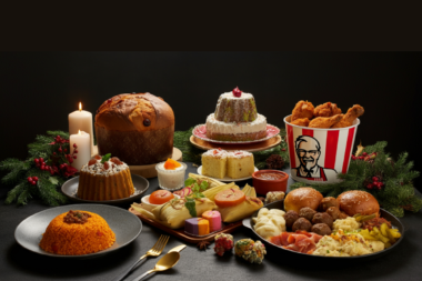 An inviting global holiday feast showcasing dishes from around the world: a vibrant plate of African jollof rice, an Italian panettone adorned with candied fruits, Mexican tamales wrapped in corn husks, colorful Indian mithai sweets arranged elegantly on a tray, a bucket of KFC chicken paired with a Japanese Christmas cake, and a Swedish Julbord spread with pickled herring, gravlax, meatballs, and saffron buns. The table is set with festive decor, including candles, evergreen garlands, and a warm, multicultural holiday ambiance.