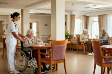 A caring nurse assisting a senior woman in a clean, safe nursing home environment.