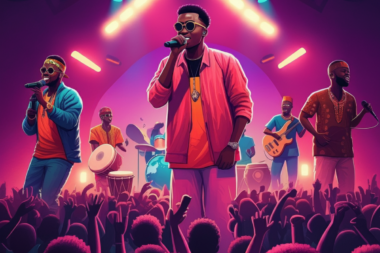 African artists performing live on stage in front of a global audience, showcasing the worldwide influence of African music in 2024
