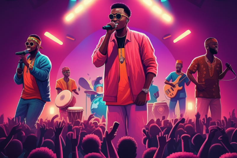 African artists performing live on stage in front of a global audience, showcasing the worldwide influence of African music in 2024