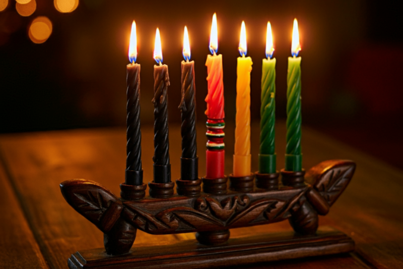Kinara with seven candles lit for Kwanzaa celebration