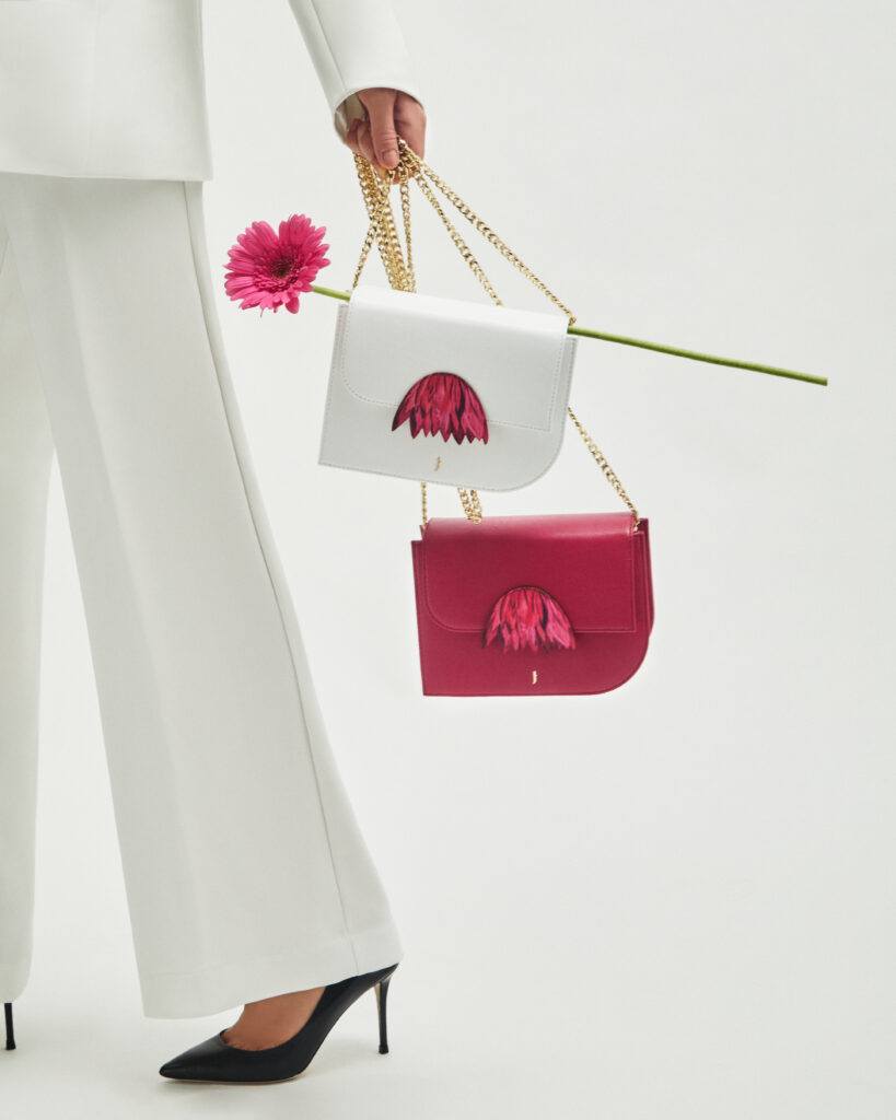 Luxury accessories showcasing fringes made from leather scraps, emphasizing J'ESSENTIA's commitment to sustainability.