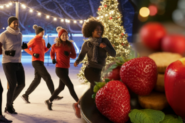 A festive scene featuring workout gear, a water bottle, healthy snacks, and holiday decorations symbolizing staying fit during the holidays.