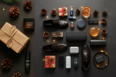 Flat lay of curated holiday gifts for men, including tech gadgets, skincare products, artisanal home décor, and premium leather shoes.