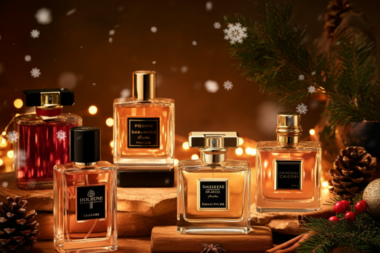A cozy, festive holiday scene with a collection of luxury perfume bottles displayed elegantly on a wooden table. The setting includes warm lighting, soft snowflakes falling in the background, and seasonal decor like cinnamon sticks, pinecones, and a sprig of holly. Each perfume bottle is beautifully designed with hints of gold and silver accents, exuding sophistication and winter warmth