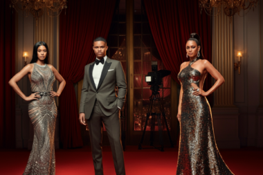 A captivating image showcasing a glamorous red carpet scene. Include iconic elements like a celebrity in an elegant evening gown, another in a sharp power suit, and a backdrop of camera flashes and luxurious decor.