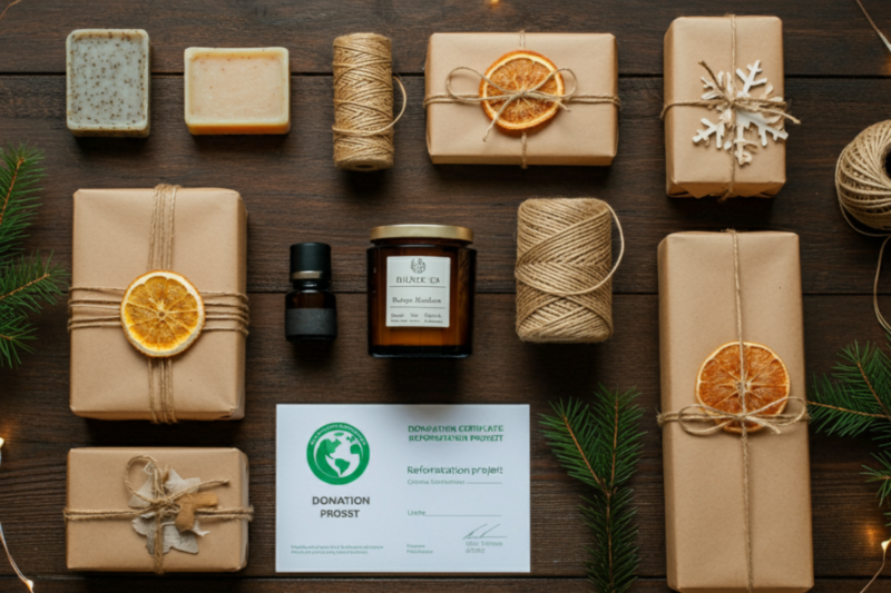 An elegant flat-lay of eco-friendly Christmas gifts displayed on a rustic wooden table. The scene includes handcrafted soaps, artisanal candles, upcycled fashion items like scarves or jewelry, a donation certificate from a reforestation project, and a small potted plant.