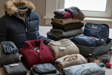 Essentials for holiday travel packing in winter, featuring thermal wear, wool sweaters, winter coat, scarves, gloves, waterproof boots, and travel-sized toiletries laid out neatly for a cozy and stylish winter getaway.