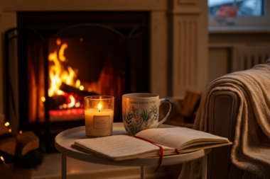 A calming morning ritual setup with tea, a gratitude journal, and a candle for holiday self-care.
