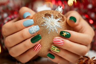 Close-up of hands with festive holiday nail art, including glittery snowflakes, candy cane stripes, and emerald green designs, holding a sparkling ornament with a cozy holiday background.