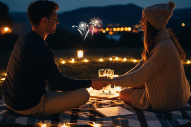 A serene, romantic New Year’s Eve scene with a cozy couple sitting together on a blanket under a starry night sky. They're holding hands, surrounded by soft fairy lights, with a small picnic setup featuring champagne glasses, candles, and a vision board in progress. In the distance, faint fireworks illuminate the horizon, symbolizing new beginnings.