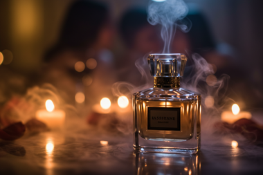 A close-up shot of a glass perfume bottle on a sleek, reflective surface, surrounded by soft, glowing candlelight.
