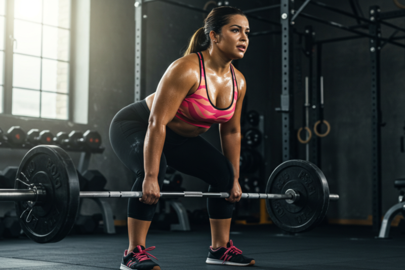 Woman lifting a deadlift barbell in a gym, showcasing strength training for women