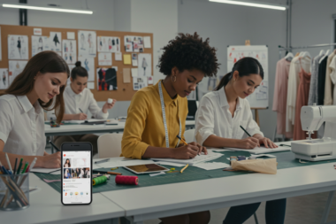 A creative workspace featuring sketches, fabric swatches, and mood boards representing the process of launching a successful fashion line in 2025