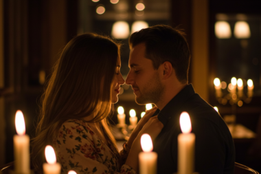 A couple exchanging a glance while love songs play in the background.