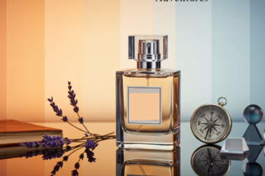 A close-up shot of a perfume bottle with a modern, elegant design, resting on a reflective glass surface. The background transitions softly into a gradient of warm and cool tones, symbolizing different personality types.
