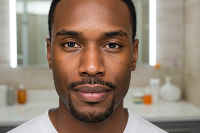 Image of a man with clear skin smiling. Clear skin after treating dark spots and acne scars for men