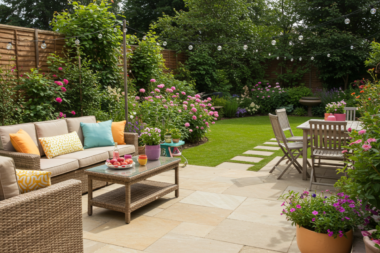 Image of a tidy garden with blooming flowers. A beautifully maintained garden showcasing vibrant summer flowers and greenery
