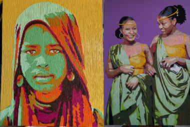 A vibrant embroidered portrait by Adedoyin Bello-Adelani showcasing feminist themes