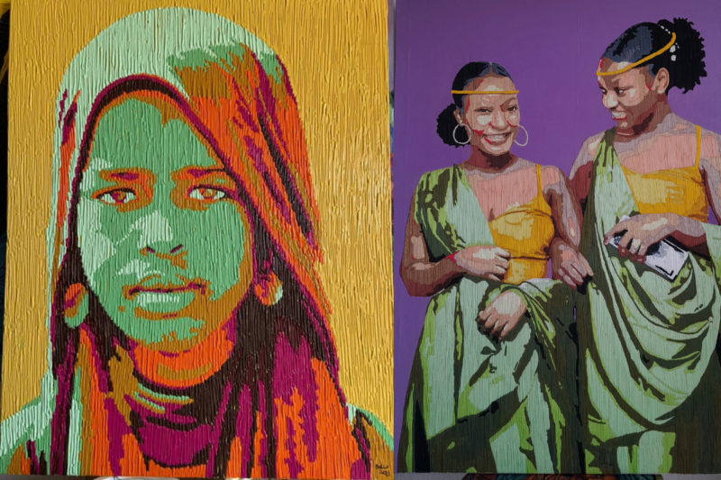 A vibrant embroidered portrait by Adedoyin Bello-Adelani showcasing feminist themes