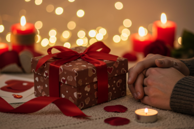 A beautifully wrapped gift box with a romantic Valentine's Day theme
