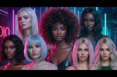 A futuristic, high-fashion editorial lineup of diverse models wearing the trendiest wig colours of 2025