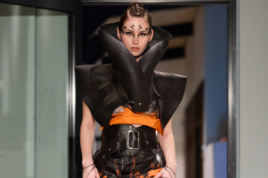 Model wearing Maria Chany’s circular fashion design made from reclaimed materials