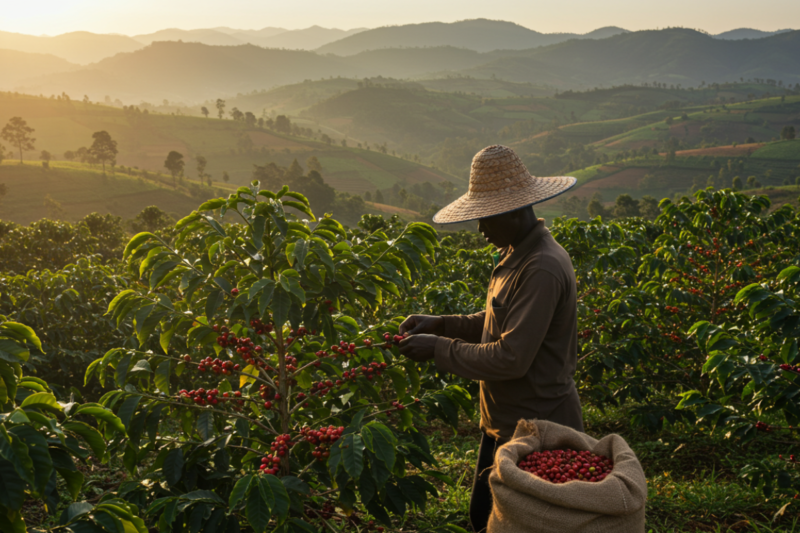 A farmer harvesting high-quality Ugandan coffee beans